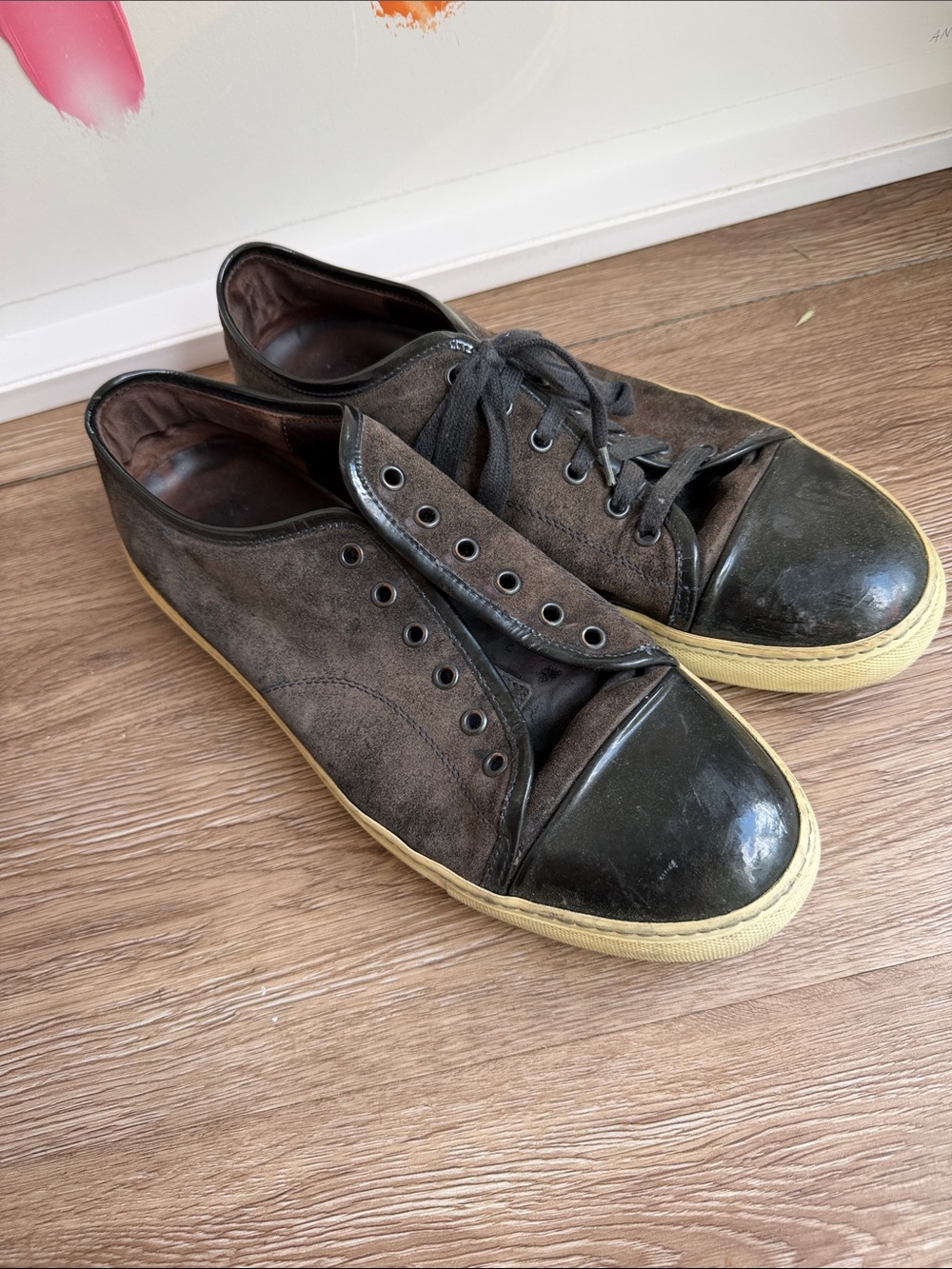 Lanvin Brown Suede Sneakers with Black Patent Cap Toe and Cream Sole